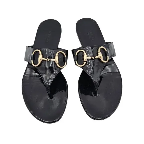 Gucci Horsebit Flat Thong Sandal Black Patent Leather Silver Size 7.5 - Picture 2 of 11